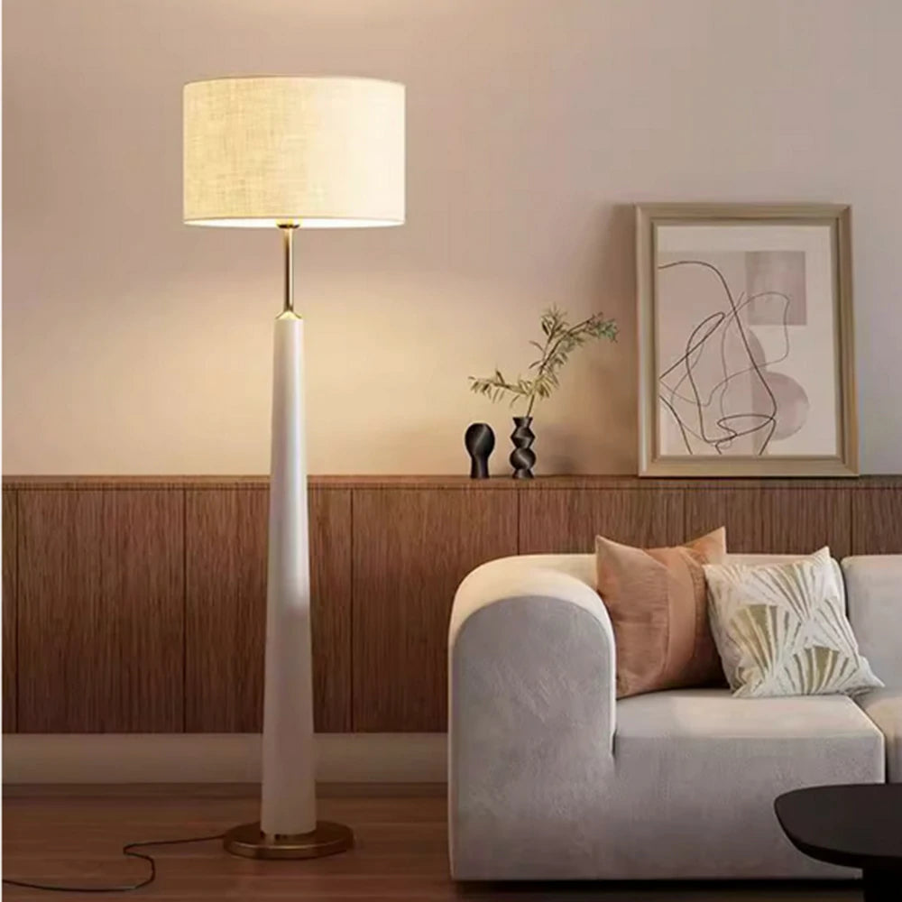 LIVARA Floor Lamp 3 Lighting Modes Fabric Shade Iron Base Foot Switch Water Transfer Wood Texture - White