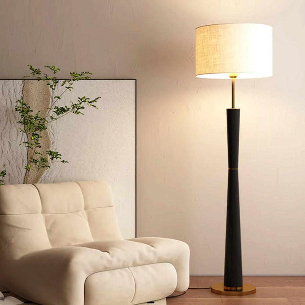 LIVARA Floor Lamp 3 Lighting Modes Fabric Shade Iron Base Foot Switch Water Transfer Wood Texture - Black
