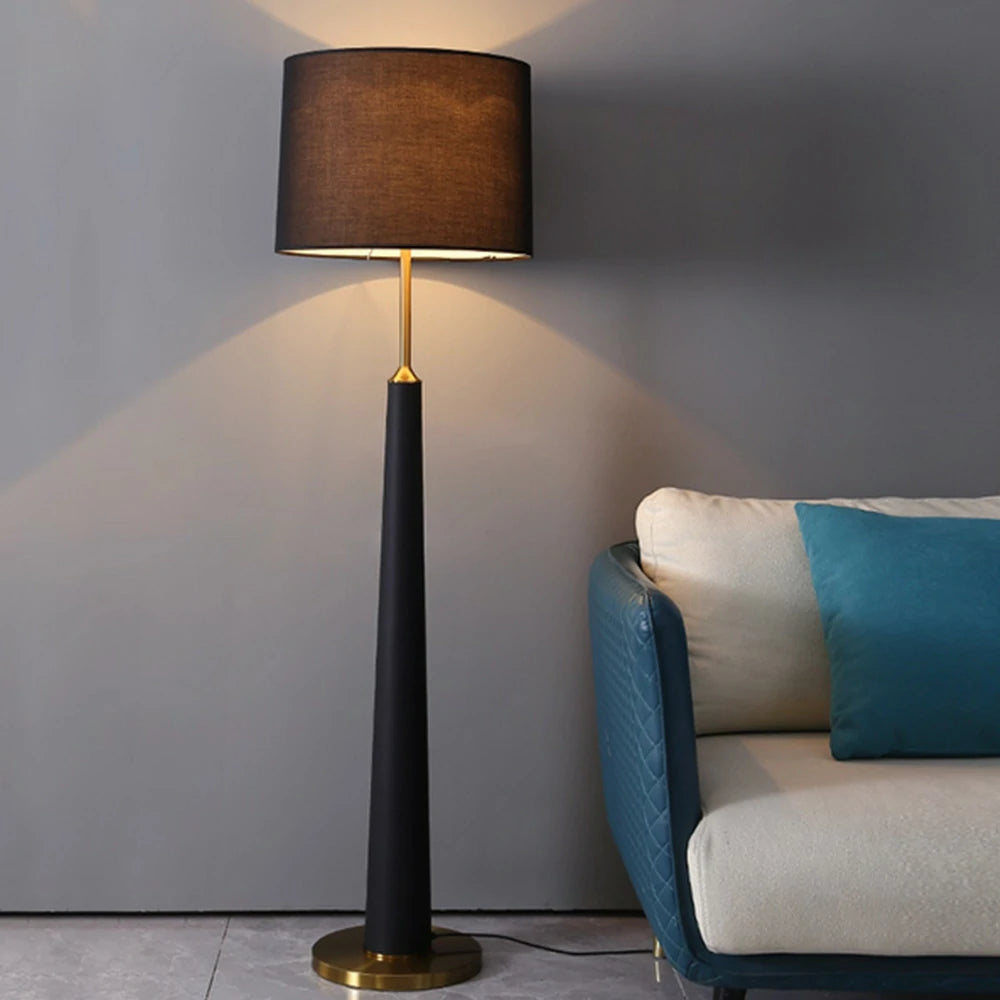 LIVARA Floor Lamp 3 Lighting Modes Fabric Shade Iron Base Foot Switch Water Transfer Wood Texture - Black