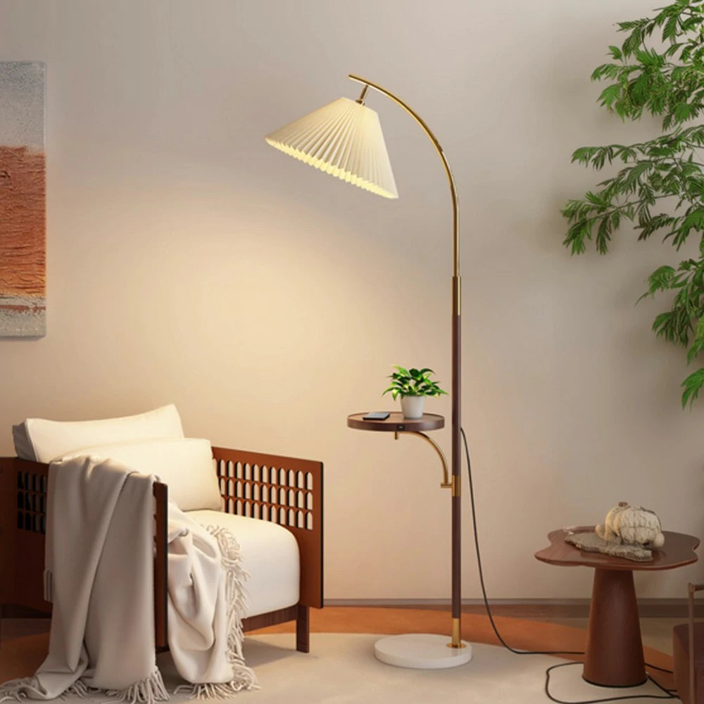 LIVARA Floor Lamp 3 Lighting Modes Pleated Fabric Shade Marble Base Iron Pole Foot Switch for Modern Spaces