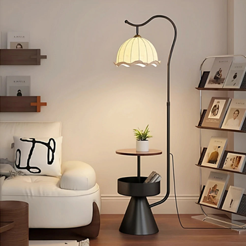 LIVARA Floor Lamp with Dual Storage Shelves Warm Ambient Light Iron & Walnut Frame Stable Design - Black