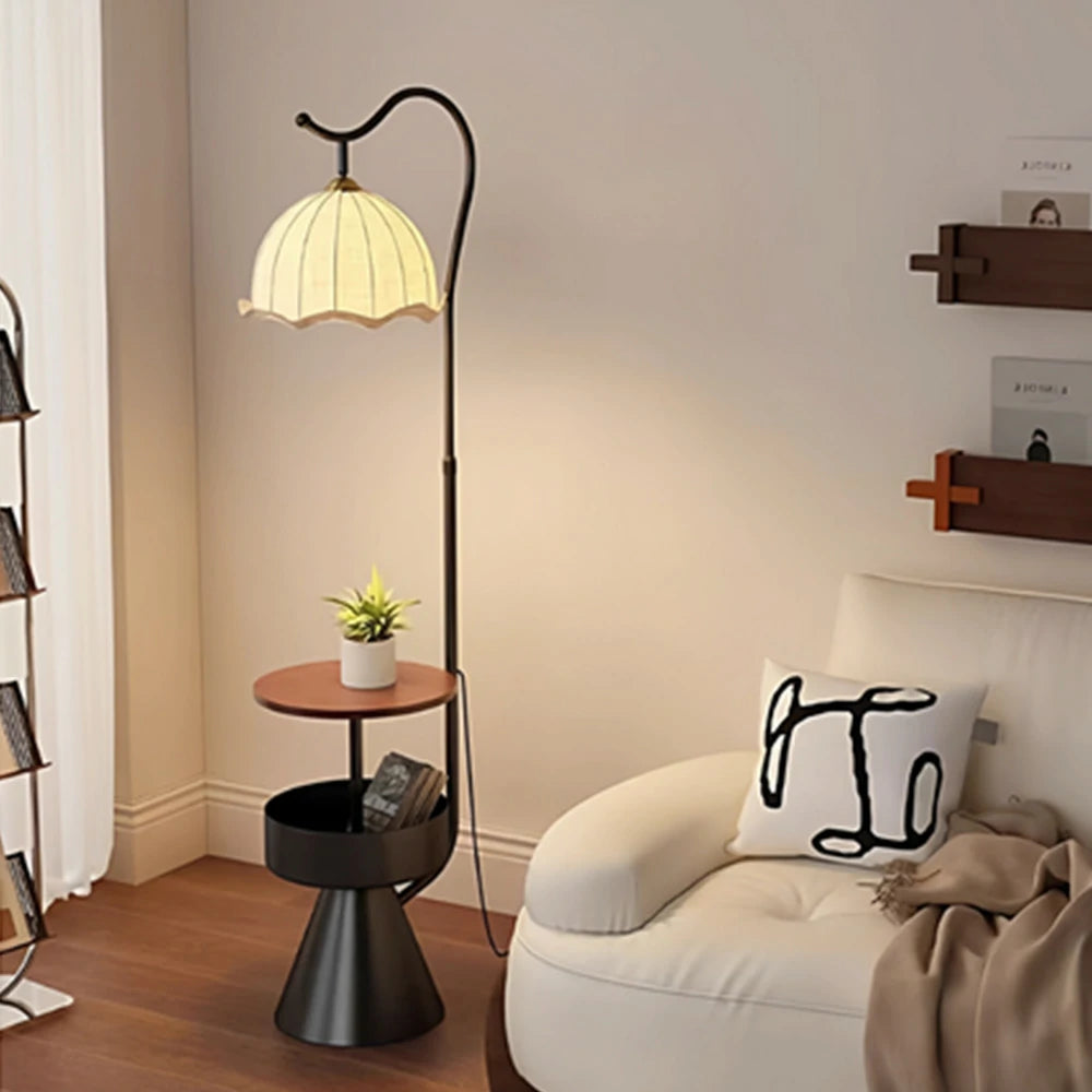 LIVARA Floor Lamp with Dual Storage Shelves Warm Ambient Light Iron & Walnut Frame Stable Design - Black