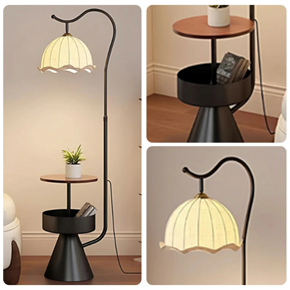 LIVARA Floor Lamp with Dual Storage Shelves Warm Ambient Light Iron & Walnut Frame Stable Design - Black