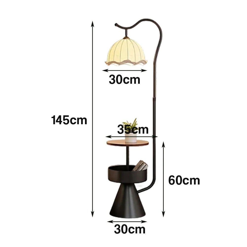 LIVARA Floor Lamp with Dual Storage Shelves Warm Ambient Light Iron & Walnut Frame Stable Design - Black