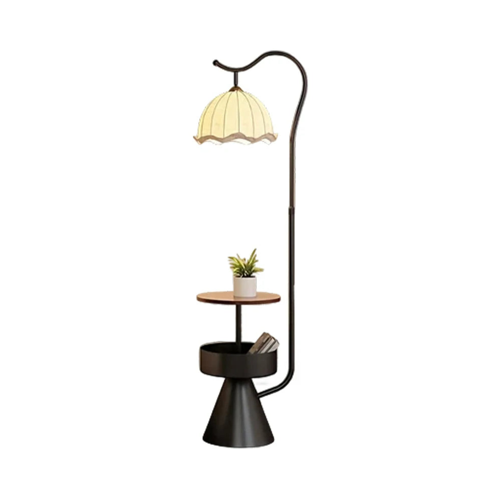 LIVARA Floor Lamp with Dual Storage Shelves Warm Ambient Light Iron & Walnut Frame Stable Design - Black
