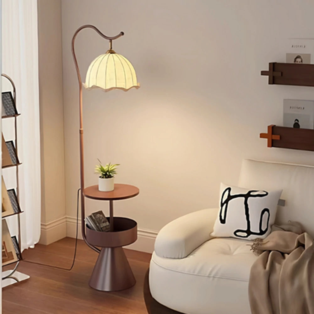 LIVARA Floor Lamp with Dual Storage Shelves Warm Ambient Light Iron & Walnut Frame Stable Design - Coffee