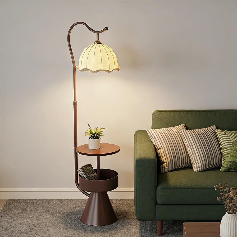 LIVARA Floor Lamp with Dual Storage Shelves Warm Ambient Light Iron & Walnut Frame Stable Design - Coffee