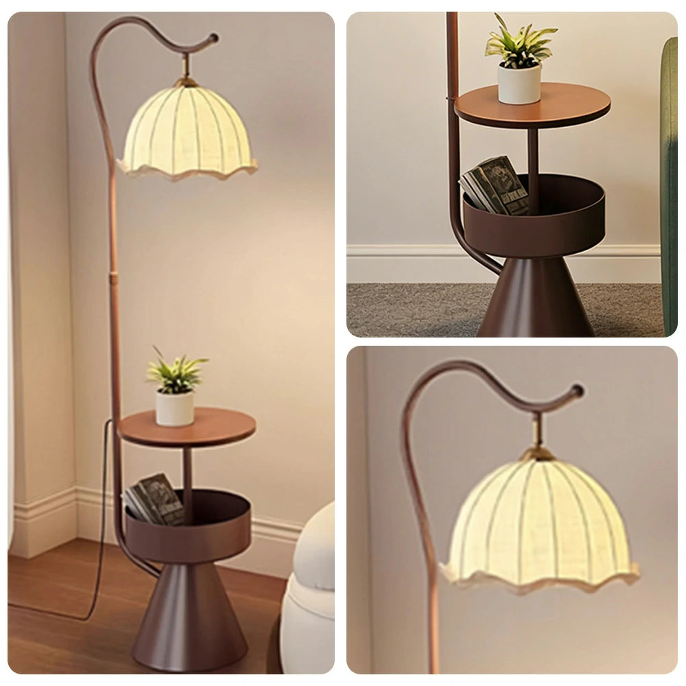 LIVARA Floor Lamp with Dual Storage Shelves Warm Ambient Light Iron & Walnut Frame Stable Design - Coffee