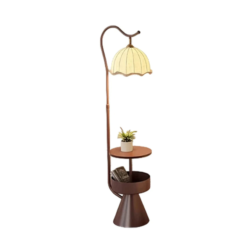LIVARA Floor Lamp with Dual Storage Shelves Warm Ambient Light Iron & Walnut Frame Stable Design - Coffee