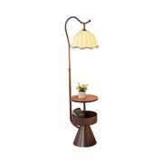 LIVARA Floor Lamp with Dual Storage Shelves Warm Ambient Light Iron & Walnut Frame Stable Design - Coffee