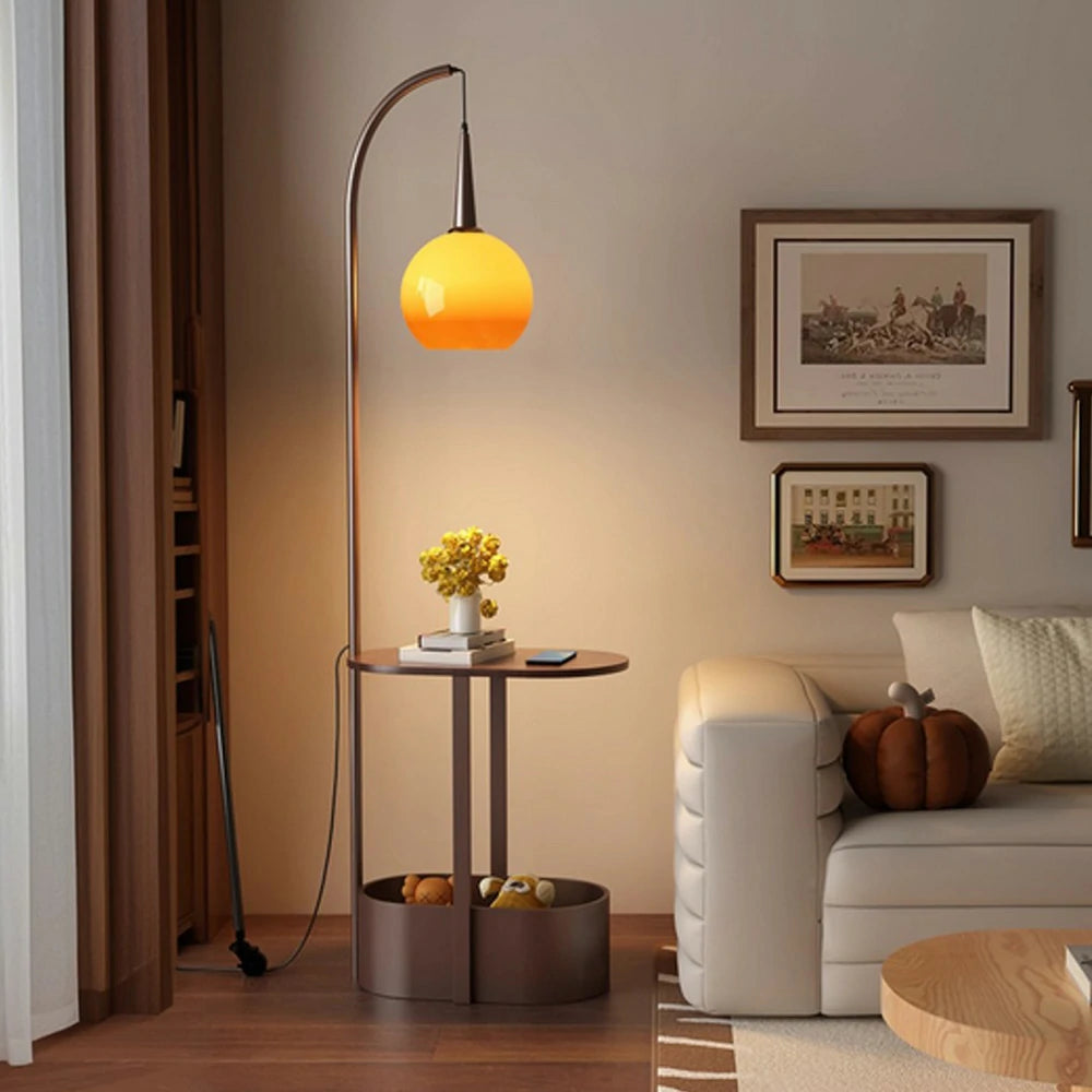 LIVARA Floor Lamp Wireless Charging Soft Lighting Solid Wood & Iron Frame Dual Storage Design - Coffee