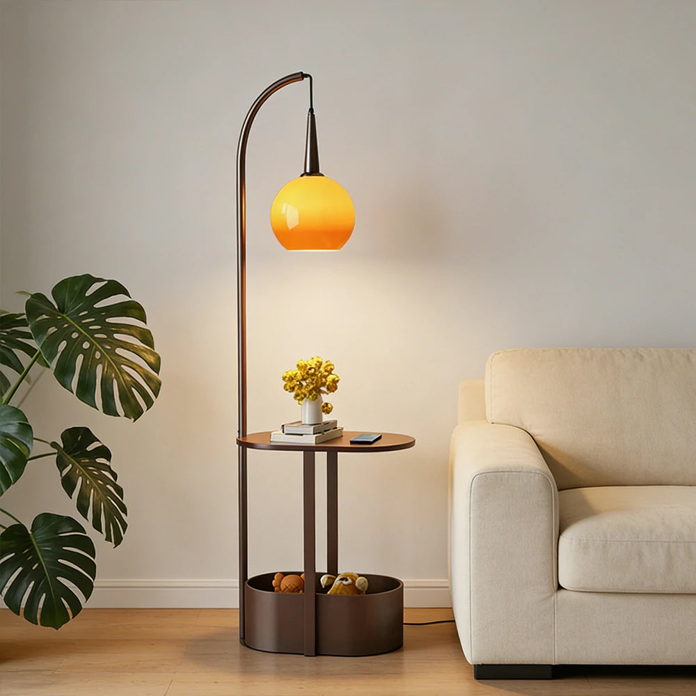 LIVARA Floor Lamp Wireless Charging Soft Lighting Solid Wood & Iron Frame Dual Storage Design - Coffee