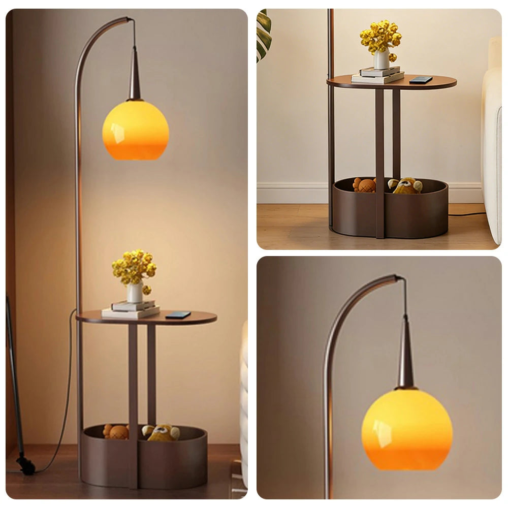 LIVARA Floor Lamp Wireless Charging Soft Lighting Solid Wood & Iron Frame Dual Storage Design - Coffee