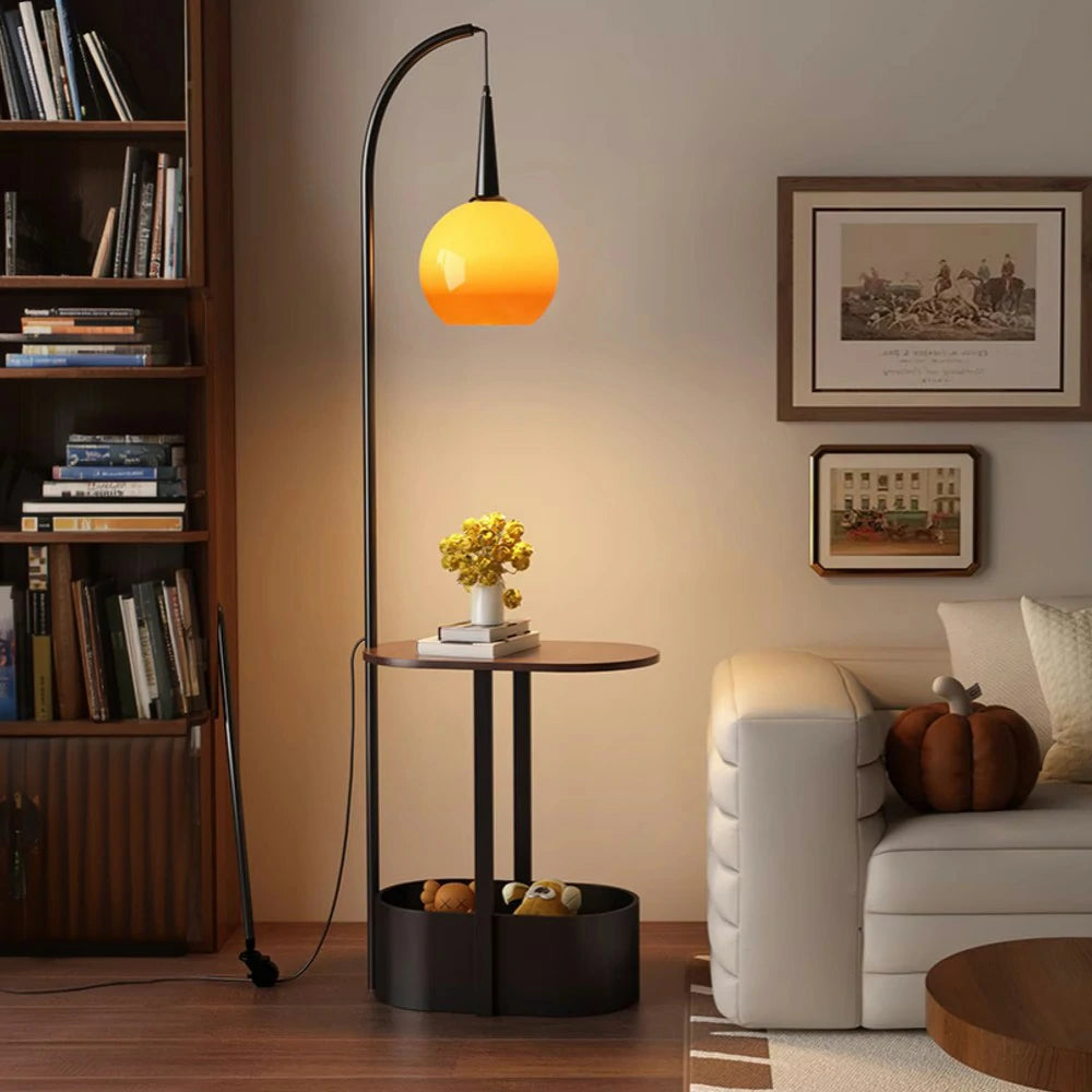 LIVARA Floor Lamp Wireless Charging Soft Lighting Solid Wood & Iron Frame Dual Storage Design - Black