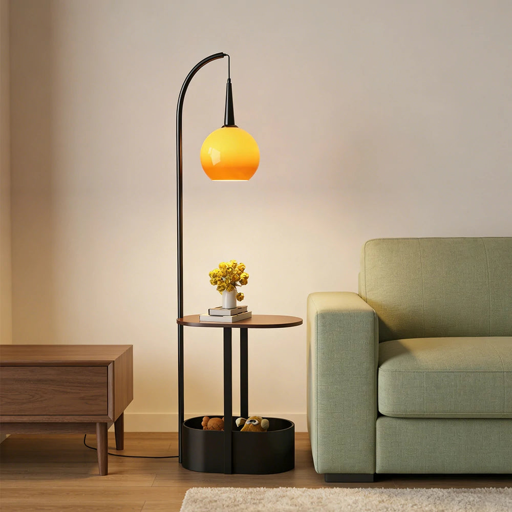 LIVARA Floor Lamp Wireless Charging Soft Lighting Solid Wood & Iron Frame Dual Storage Design - Black
