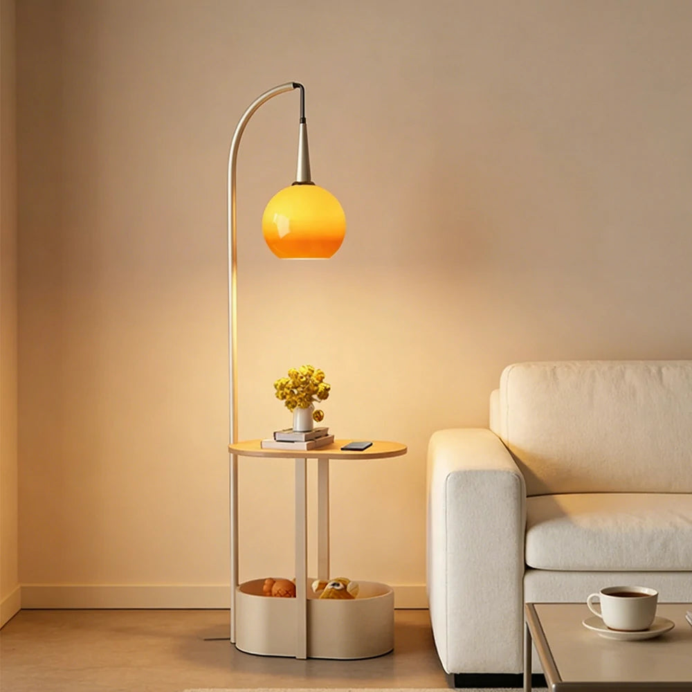 LIVARA Floor Lamp Wireless Charging Soft Lighting Solid Wood & Iron Frame Dual Storage Design - White