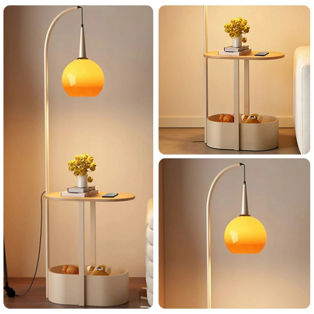 LIVARA Floor Lamp Wireless Charging Soft Lighting Solid Wood & Iron Frame Dual Storage Design - White