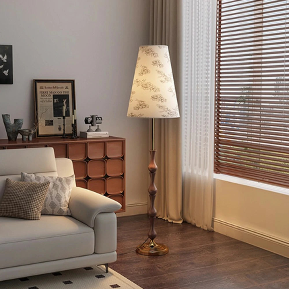 LIVARA Floor Lamp Three-Mode Lighting Solid Wood Body Floral Fabric Shade Tip-Resistant Base