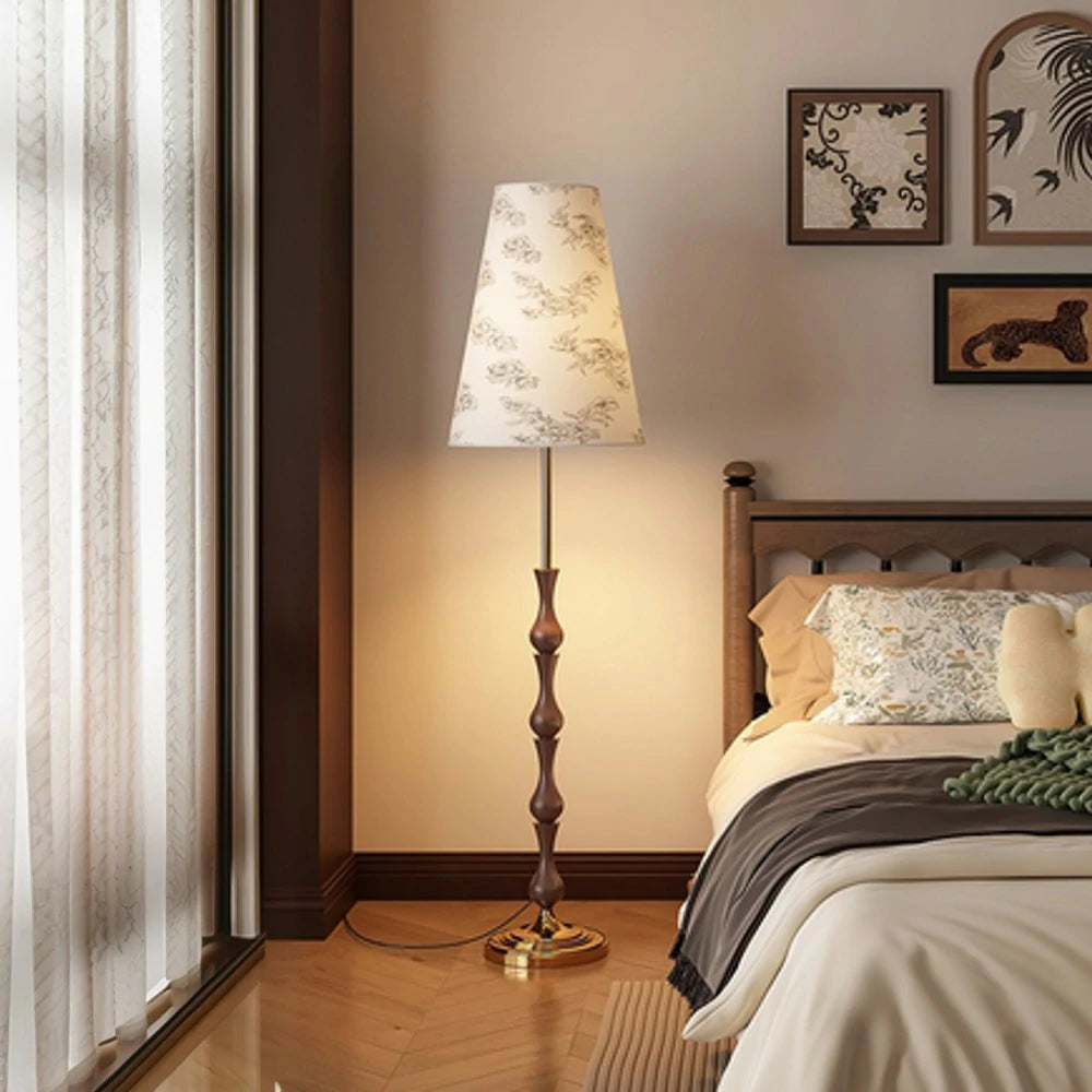 LIVARA Floor Lamp Three-Mode Lighting Solid Wood Body Floral Fabric Shade Tip-Resistant Base