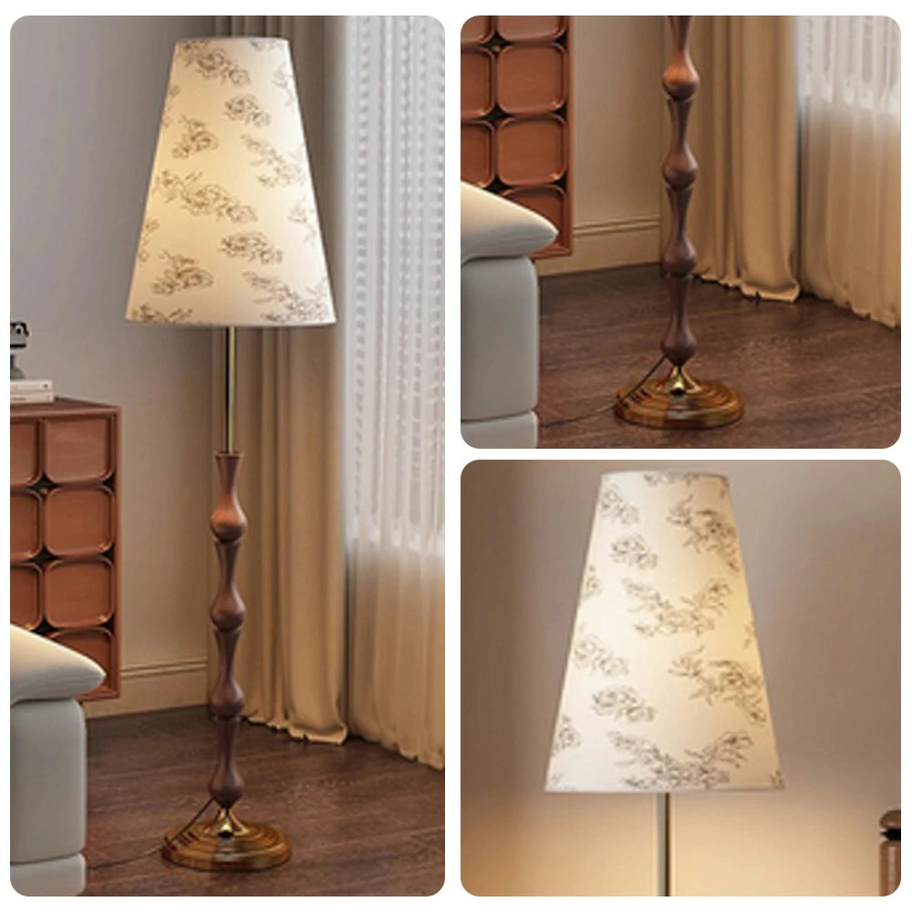LIVARA Floor Lamp Three-Mode Lighting Solid Wood Body Floral Fabric Shade Tip-Resistant Base