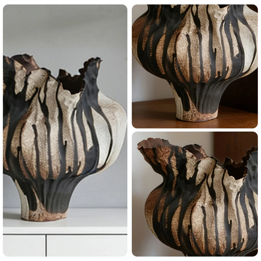 LIVARA Ceramic Vase Ornament Dried Rose Form Artistic Home Decor Matte Ceramic Handcrafted Stone-Texture Finish