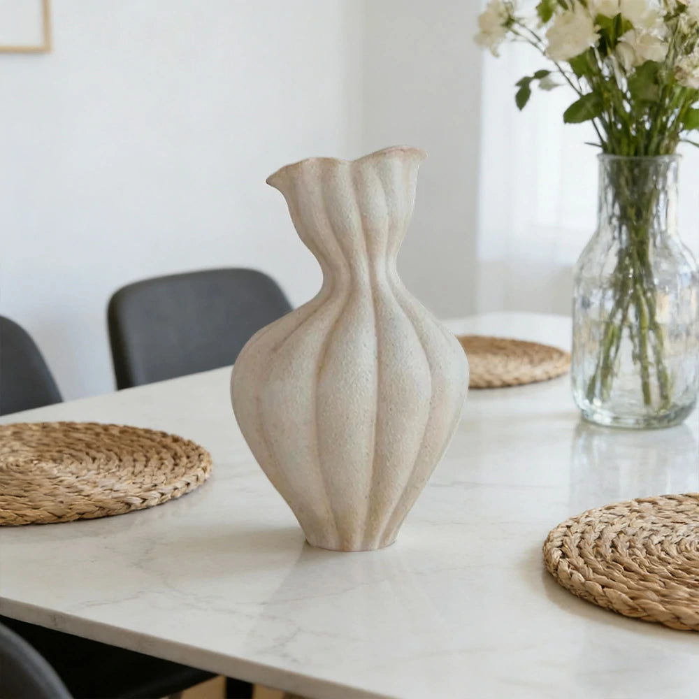 LIVARA Ceramic Vase Ornament 15cm Outer Opening Decorative Art Object Matte Ceramic Handcrafted Stone-Texture Design - White