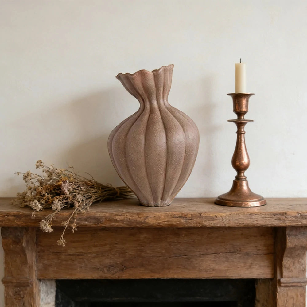 LIVARA Ceramic Vase Ornament 15cm Outer Opening Decorative Art Object Matte Ceramic Handcrafted Stone-Texture Design - Brown