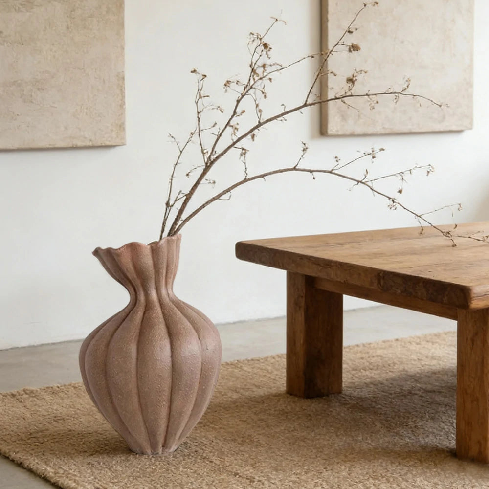 LIVARA Ceramic Vase Ornament 15cm Outer Opening Decorative Art Object Matte Ceramic Handcrafted Stone-Texture Design - Brown