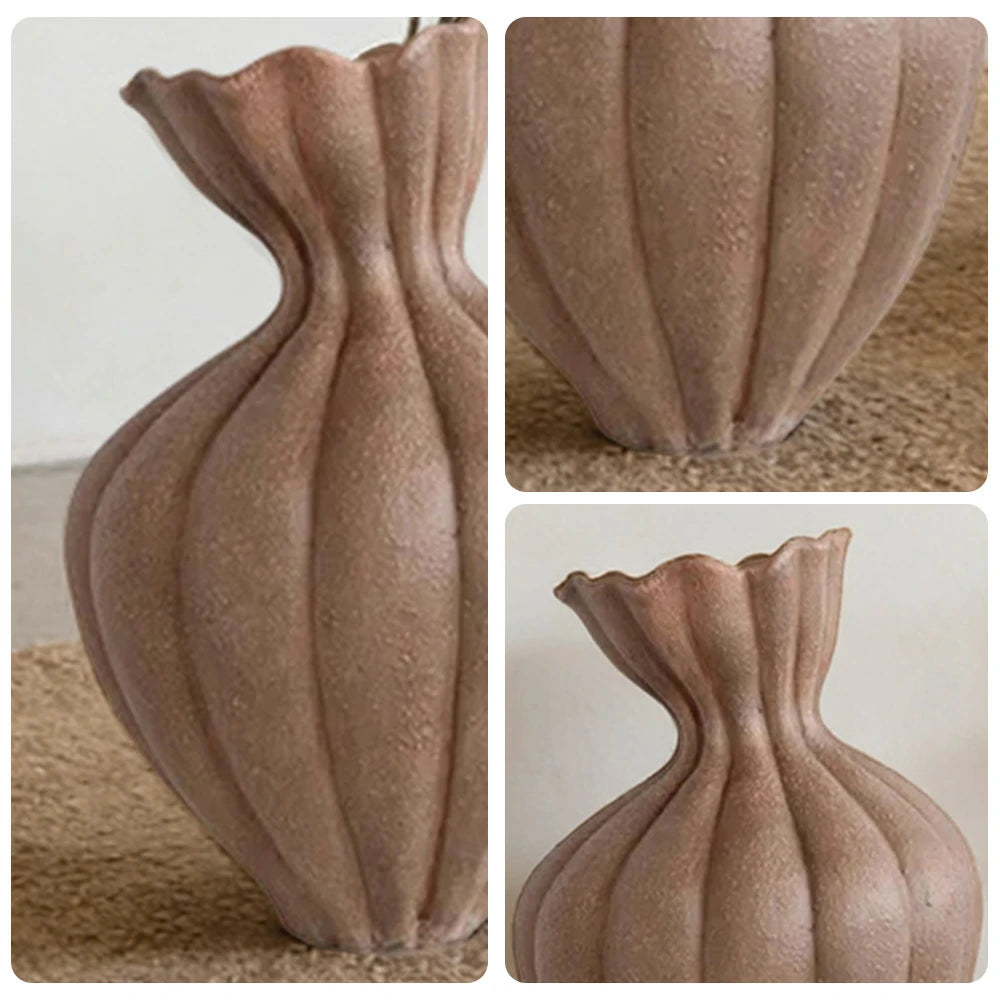 LIVARA Ceramic Vase Ornament 15cm Outer Opening Decorative Art Object Matte Ceramic Handcrafted Stone-Texture Design - Brown