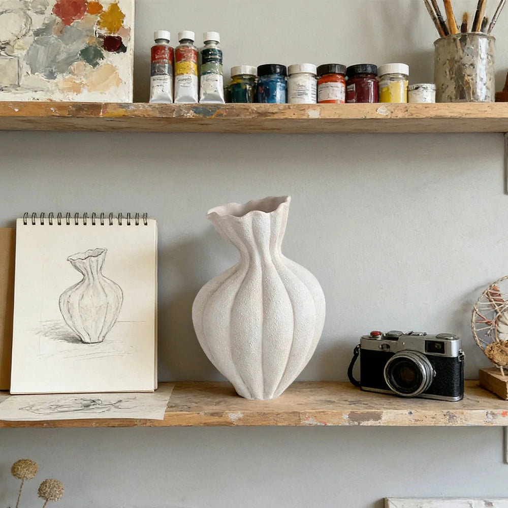 LIVARA Ceramic Vase Ornament 15cm Outer Diameter Artistic Home Display Matte Ceramic Handcrafted Stone-Texture Finish - White