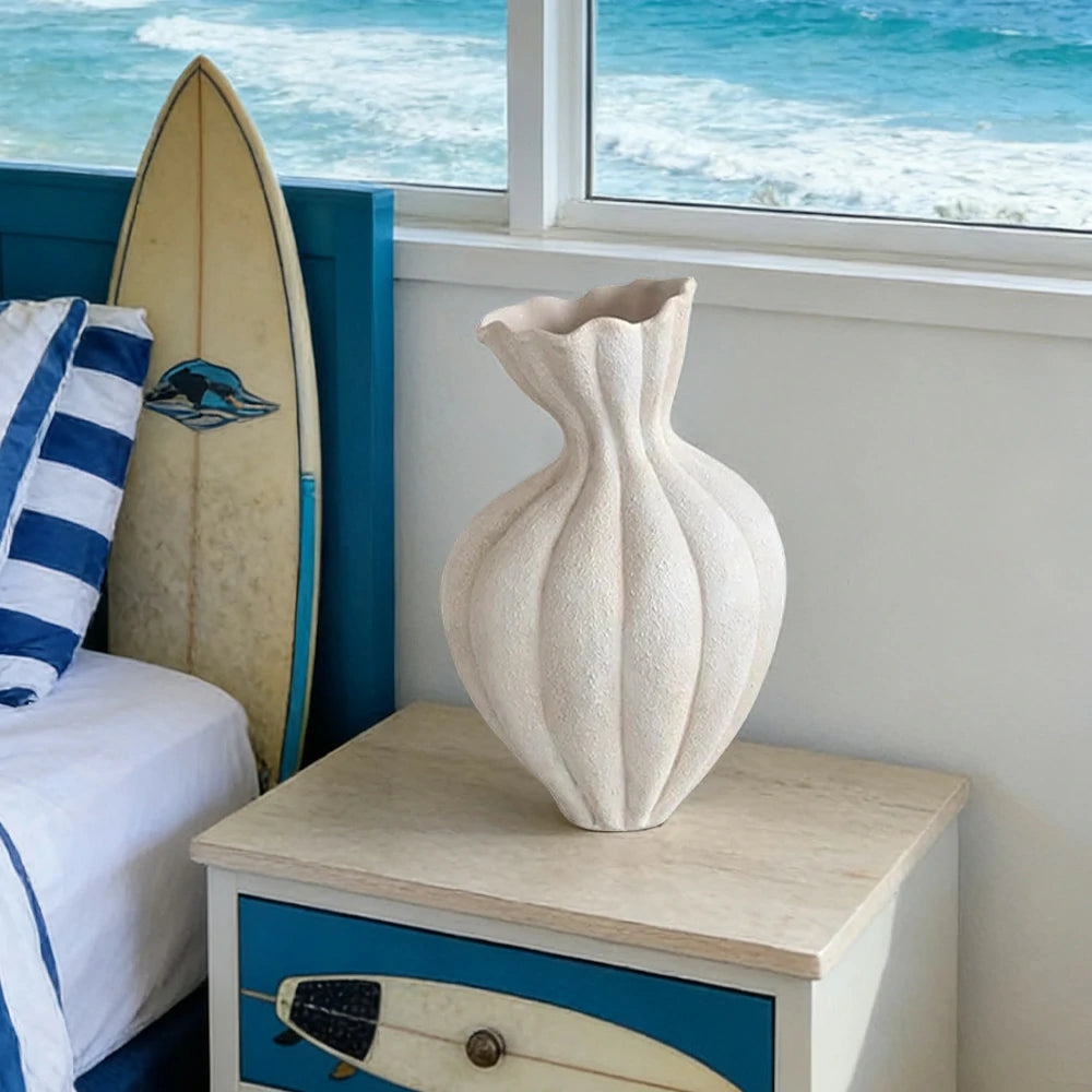 LIVARA Ceramic Vase Ornament 15cm Outer Diameter Artistic Home Display Matte Ceramic Handcrafted Stone-Texture Finish - White