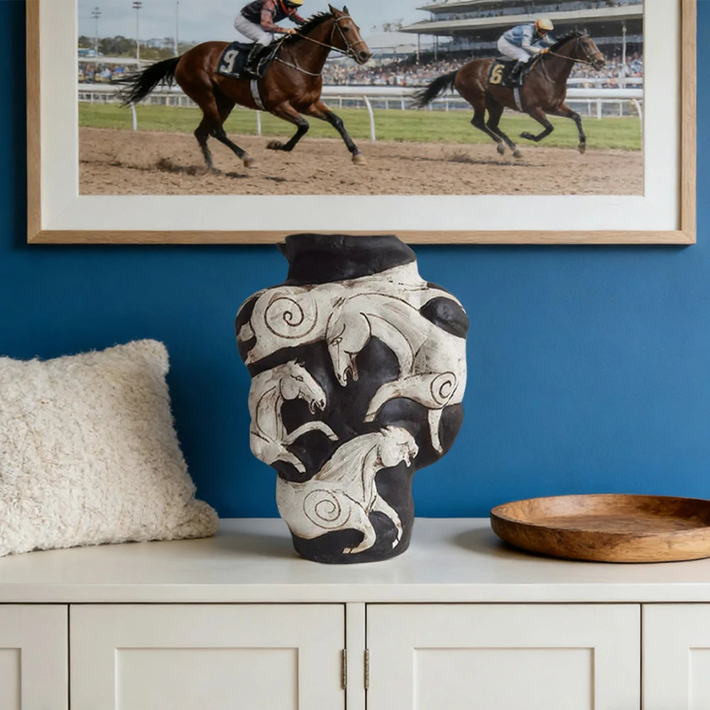 LIVARA Ceramic Vase Ornament Hand-Painted Horse Theme Artistic Home Display Matte Ceramic Handcrafted Stone-Texture Design