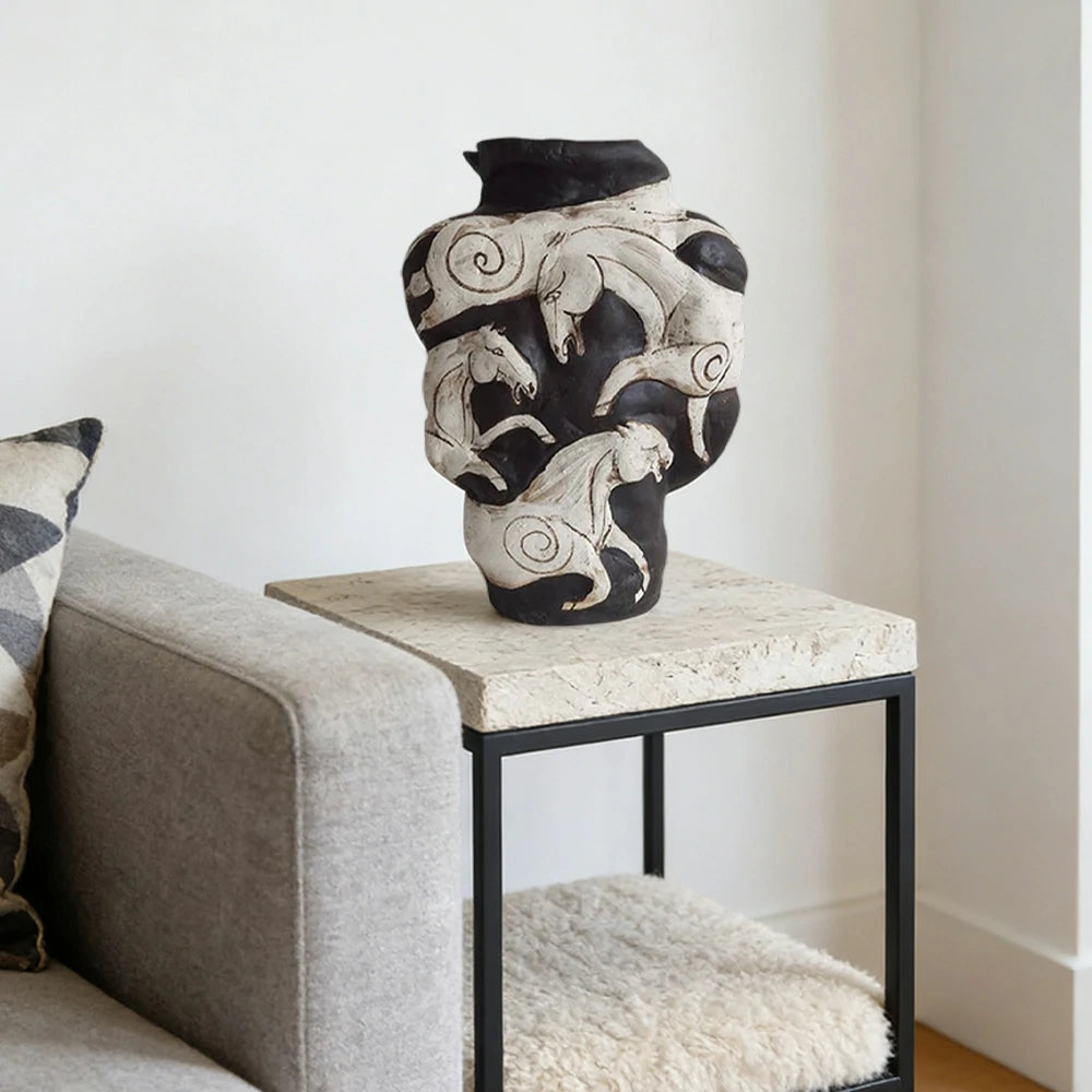 LIVARA Ceramic Vase Ornament Hand-Painted Horse Theme Artistic Home Display Matte Ceramic Handcrafted Stone-Texture Design