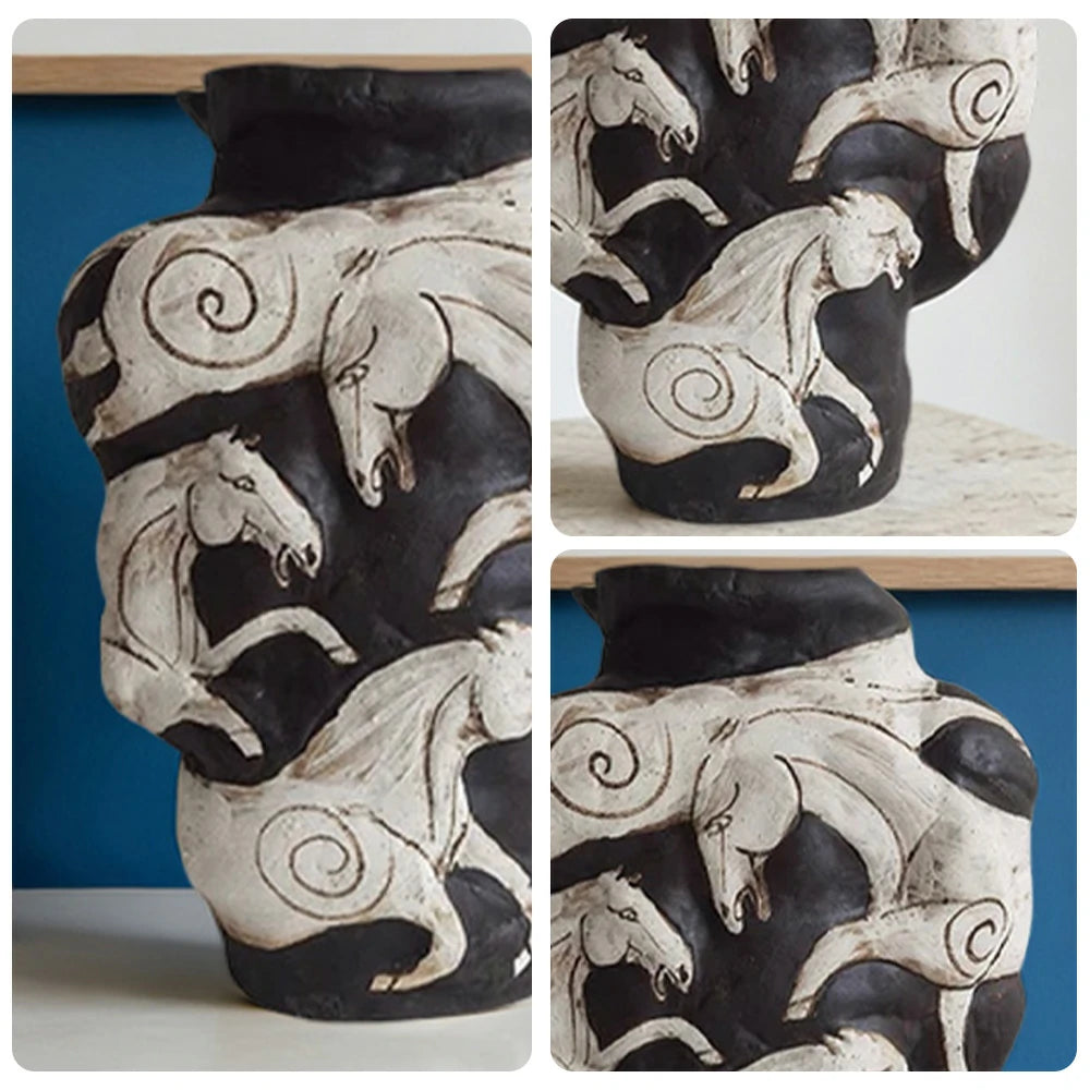 LIVARA Ceramic Vase Ornament Hand-Painted Horse Theme Artistic Home Display Matte Ceramic Handcrafted Stone-Texture Design