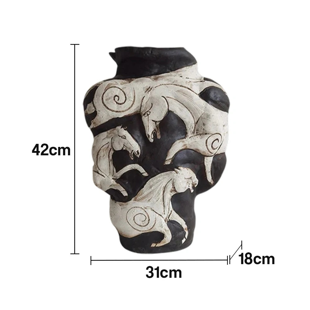 LIVARA Ceramic Vase Ornament Hand-Painted Horse Theme Artistic Home Display Matte Ceramic Handcrafted Stone-Texture Design