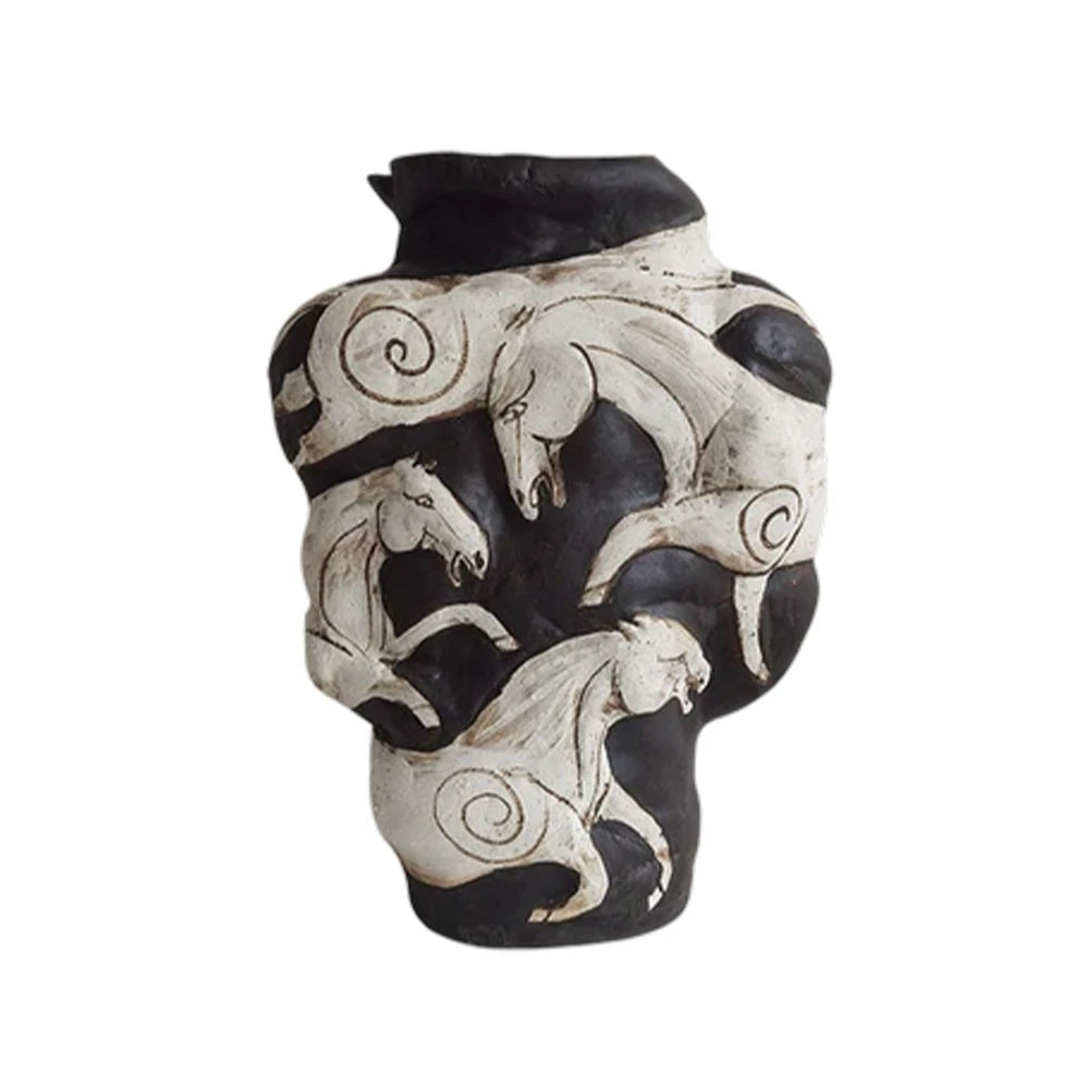 LIVARA Ceramic Vase Ornament Hand-Painted Horse Theme Artistic Home Display Matte Ceramic Handcrafted Stone-Texture Design