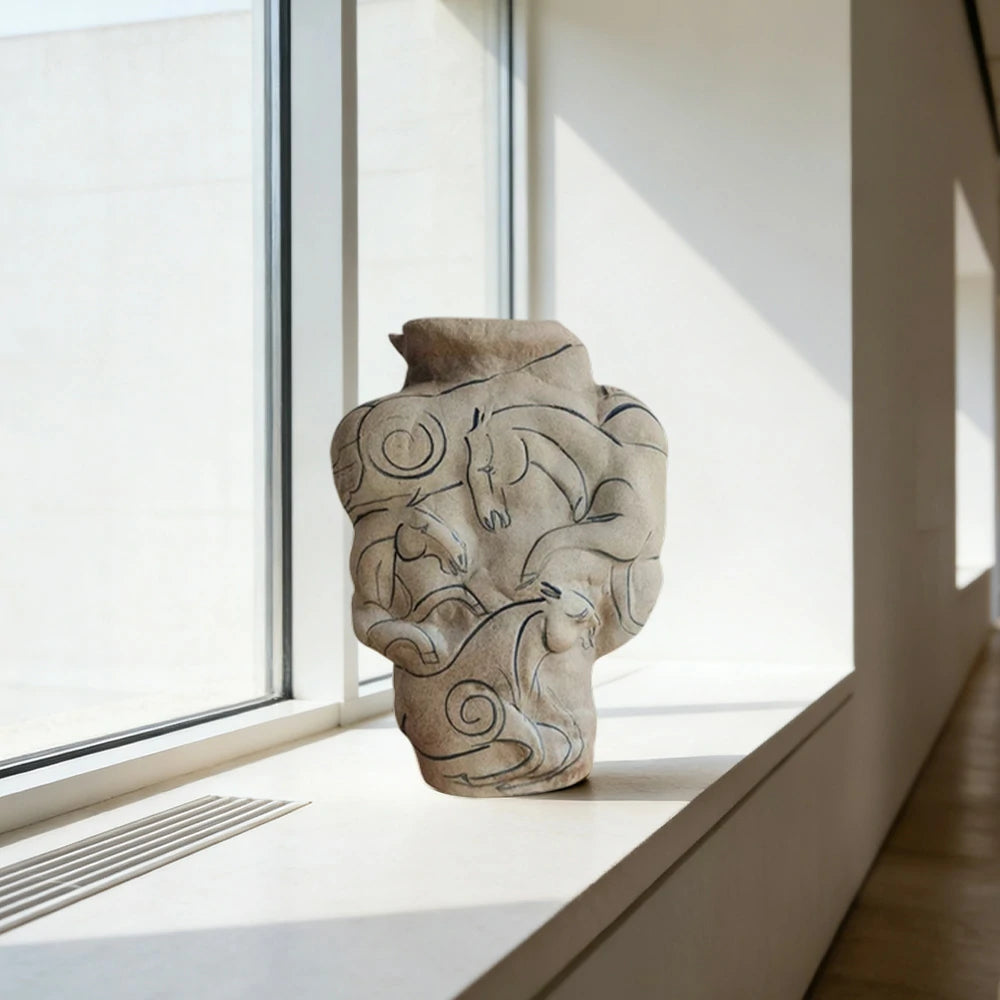 LIVARA Ceramic Vase Ornament Painted Horse Inspired Style Artistic Home Decor Matte Ceramic Handcrafted Stone-Texture Finish