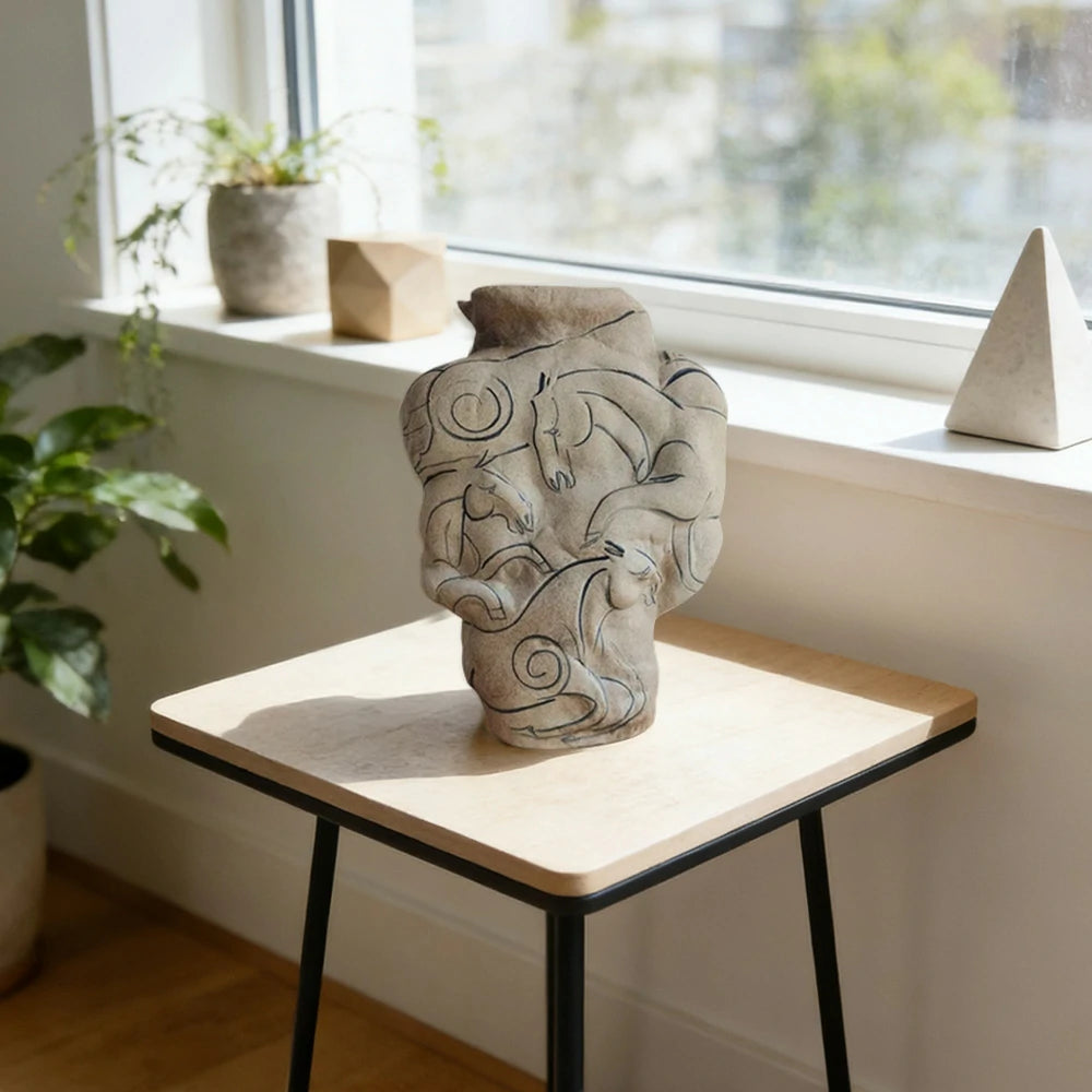 LIVARA Ceramic Vase Ornament Painted Horse Inspired Style Artistic Home Decor Matte Ceramic Handcrafted Stone-Texture Finish