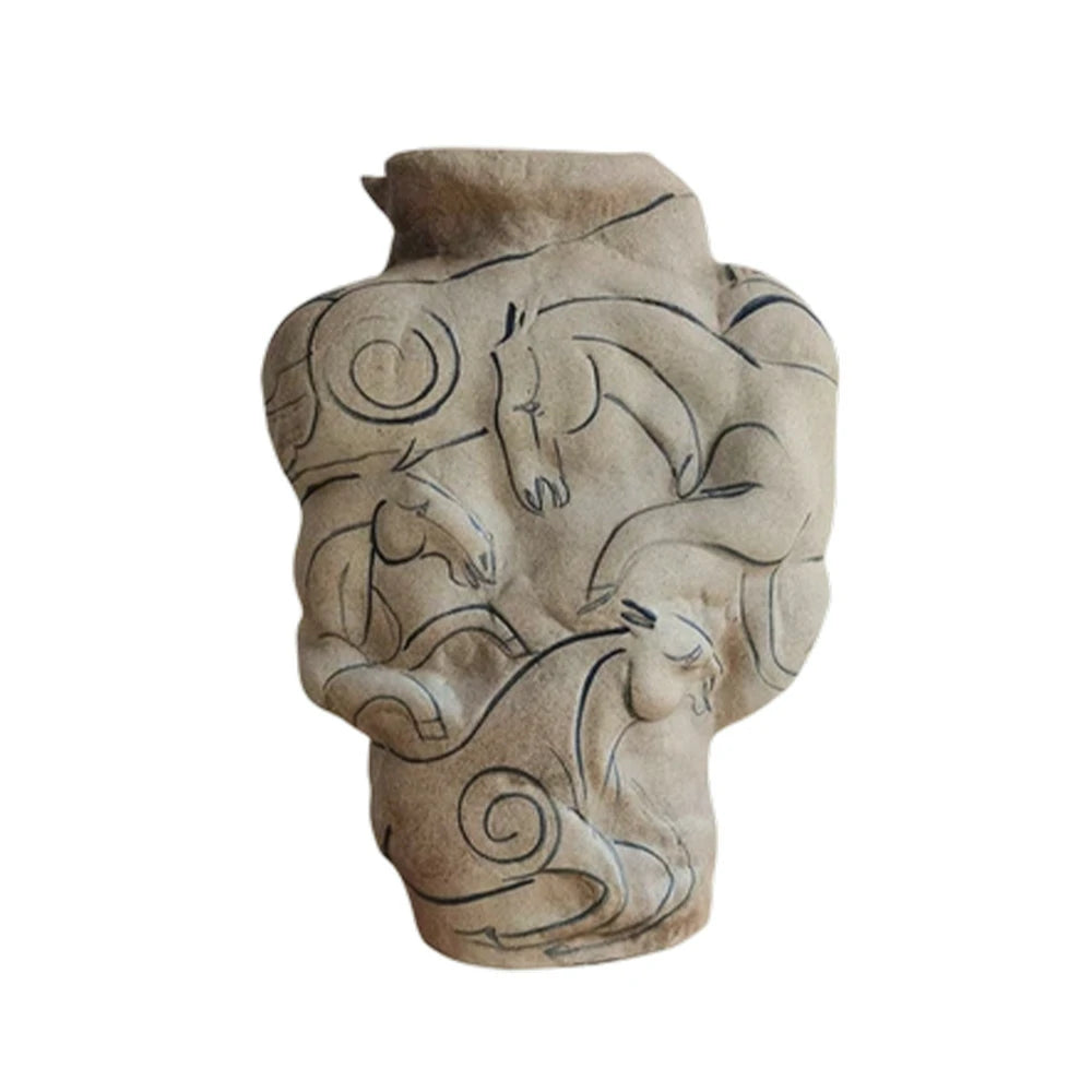 LIVARA Ceramic Vase Ornament Painted Horse Inspired Style Artistic Home Decor Matte Ceramic Handcrafted Stone-Texture Finish