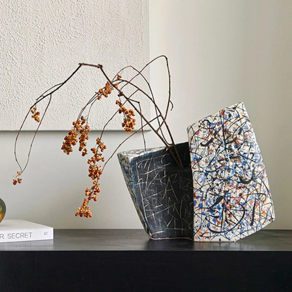 LIVARA Ceramic Vase Ornament Pollock-Inspired Theme Artistic Home Display Matte Ceramic Handcrafted Stone-Texture Design