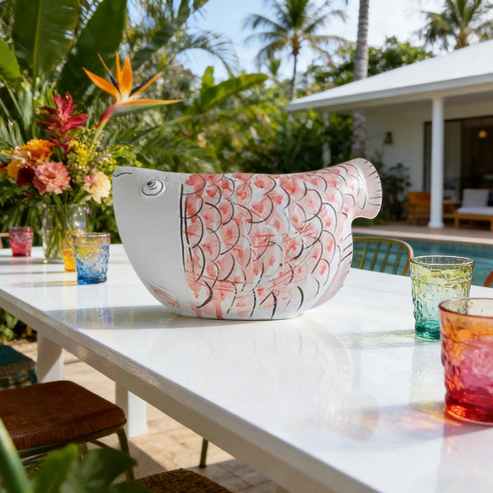 LIVARA Ceramic Vase Ornament Blue-and-White Porcelain with Crimson Dragonfish Motif Artistic Home Display Matte Ceramic Handcrafted Stone-Texture Design