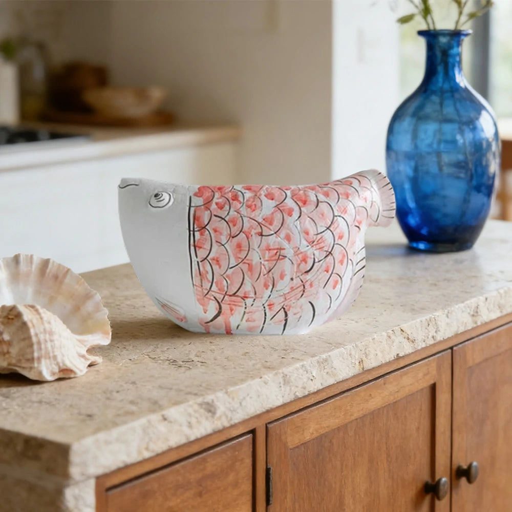 LIVARA Ceramic Vase Ornament Blue-and-White Porcelain with Crimson Dragonfish Motif Artistic Home Display Matte Ceramic Handcrafted Stone-Texture Design