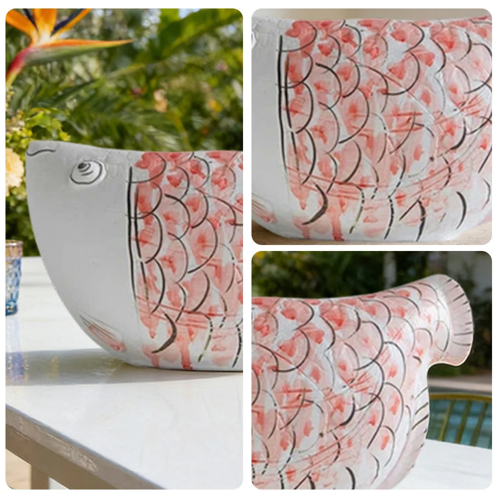 LIVARA Ceramic Vase Ornament Blue-and-White Porcelain with Crimson Dragonfish Motif Artistic Home Display Matte Ceramic Handcrafted Stone-Texture Design