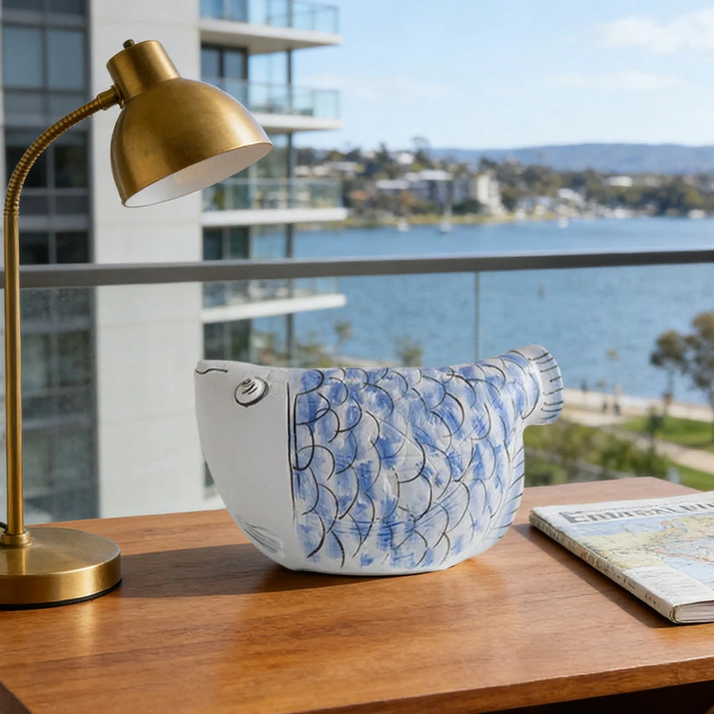 LIVARA Ceramic Vase Ornament Blue-and-White Porcelain with Indigo Dragonfish Motif Artistic Home Display Matte Ceramic Handcrafted Stone-Texture Design