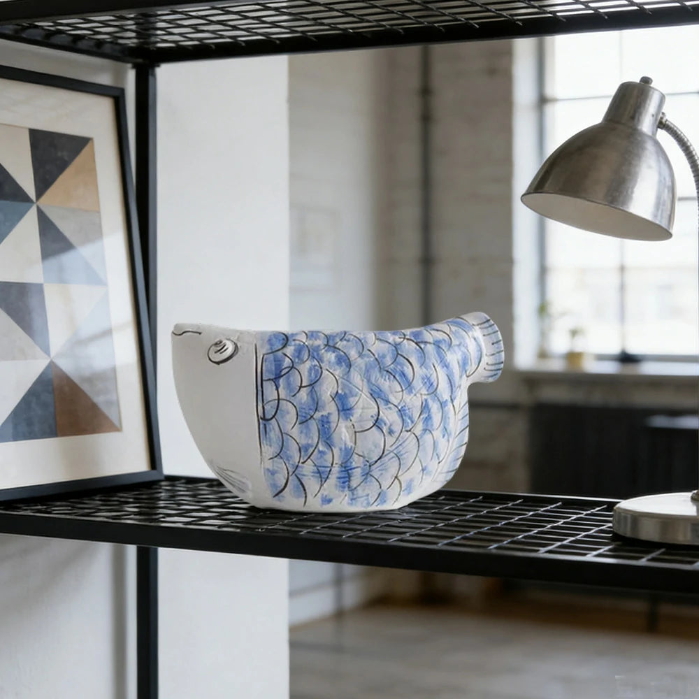 LIVARA Ceramic Vase Ornament Blue-and-White Porcelain with Indigo Dragonfish Motif Artistic Home Display Matte Ceramic Handcrafted Stone-Texture Design