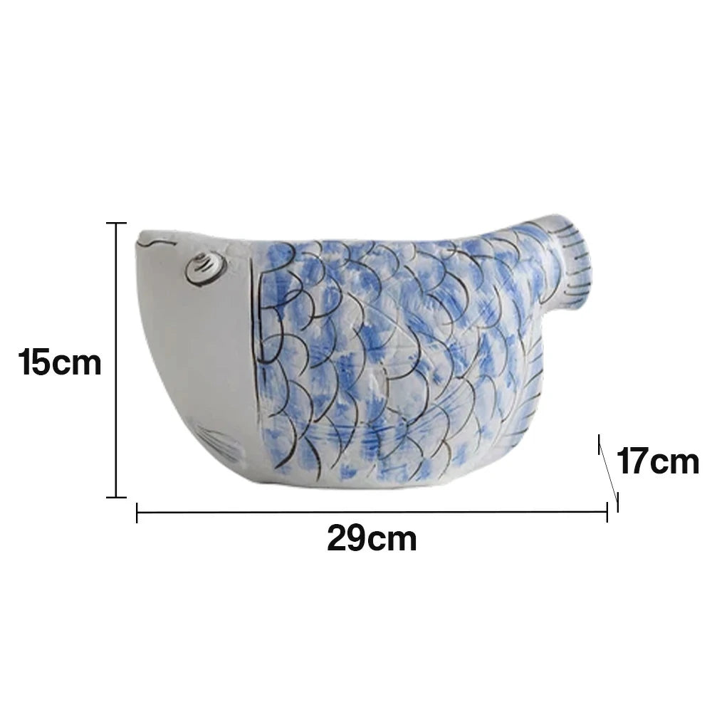 LIVARA Ceramic Vase Ornament Blue-and-White Porcelain with Indigo Dragonfish Motif Artistic Home Display Matte Ceramic Handcrafted Stone-Texture Design