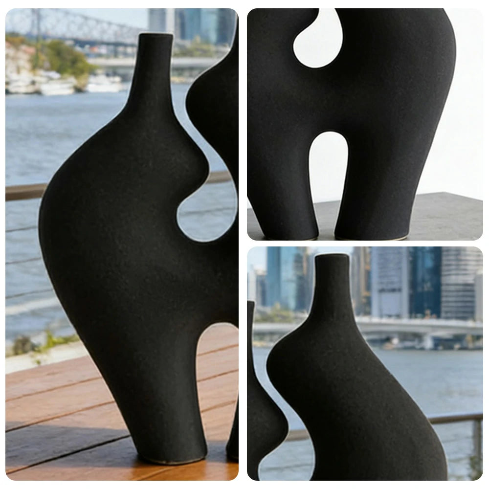 LIVARA Ceramic Vase Ornament High-Fired Ceramic Artistic Home Display Matte Ceramic Handcrafted Stone-Texture Design - Black