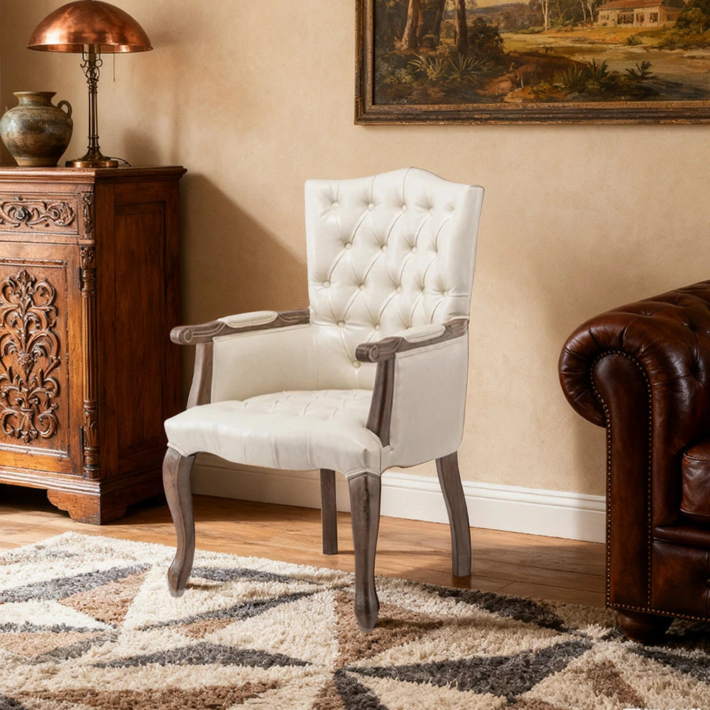 LIVARA Deep Coffee Vintage Accent Armchair - Retro PU Leather Upholstery, Solid Wood Frame, Tufted Backrest, Elegant Living Room Single Sofa Chair - Beige