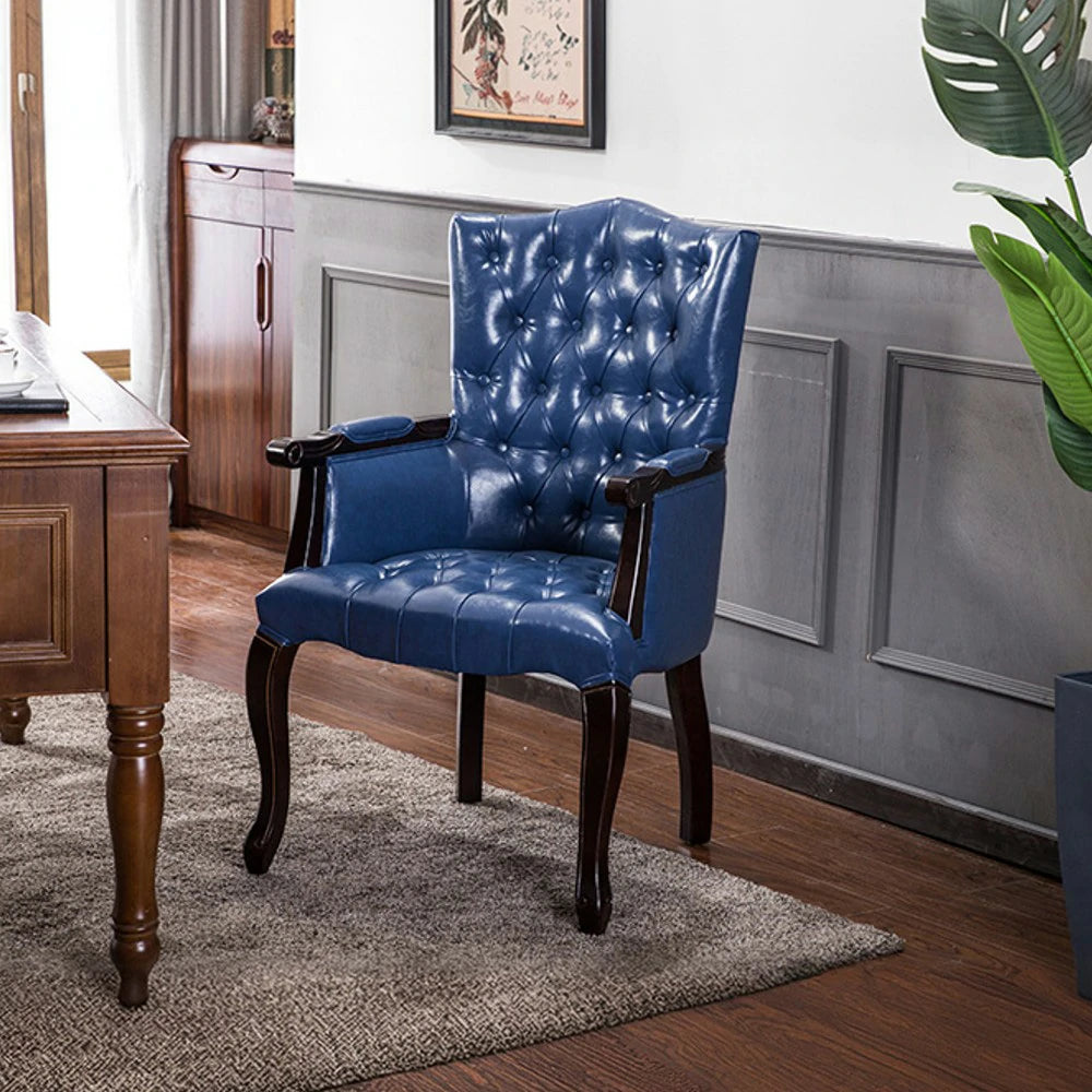 LIVARA Deep Coffee Vintage Accent Armchair - Retro PU Leather Upholstery, Solid Wood Frame, Tufted Backrest, Elegant Living Room Single Sofa Chair - Black Walnut Frame & Royal Blue PU