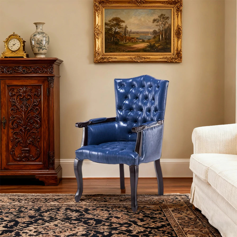 LIVARA Deep Coffee Vintage Accent Armchair - Retro PU Leather Upholstery, Solid Wood Frame, Tufted Backrest, Elegant Living Room Single Sofa Chair - Black Walnut Frame & Royal Blue PU